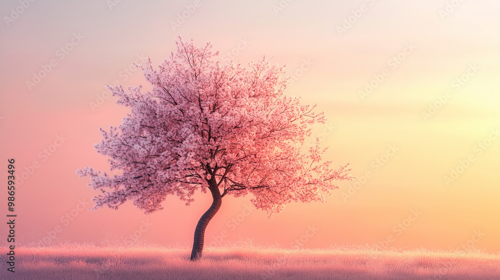 Blossoming cherry tree in a soft pink sunset glow Blossoming cherry tree in a soft pink sunset glow