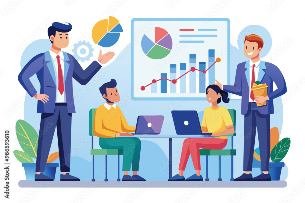 A coach demonstrates statistical data on a graph while engaging with his team in an office environment, Manager coach explaining statistics and trends to businessmen using a flat illustration. A coach demonstrates statistical data on a graph while engaging with his team in an office environment, Manager coach explaining statistics and trends to businessmen using a flat illustration.