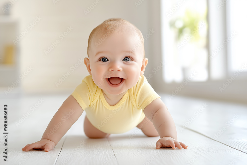 Happy baby crawling on a wooden floor in a sunny room with large windows in the afternoon Happy baby crawling on a wooden floor in a sunny room with large windows in the afternoon