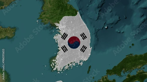 Zoom from Earth to South Korea. (Country Flag) World map animation with highlighted borders of countries. Images from NASA
