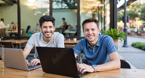 Two busy professional executive team business people working together smiling looking at computer at cafe meeting. Professional manager consulting corporate client using laptop,