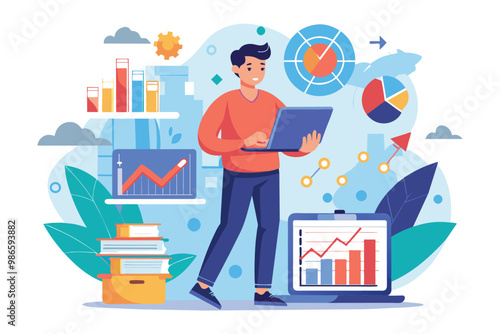 A man focuses on analyzing trending data on his laptop surrounded by vibrant charts and graphs, A man handles trending data, flat illustration.