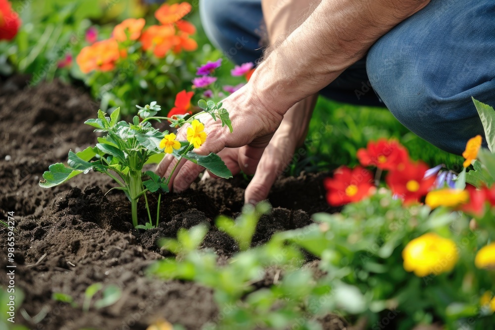 Gardening enthusiast planting vibrant flowers in lush garden AI Gardening enthusiast planting vibrant flowers in lush garden AI