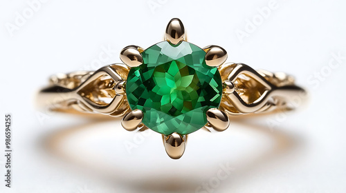 Vibrant chrysoprase ring showcasing a bright green gemstone set in a gold band with intricate detailing photo