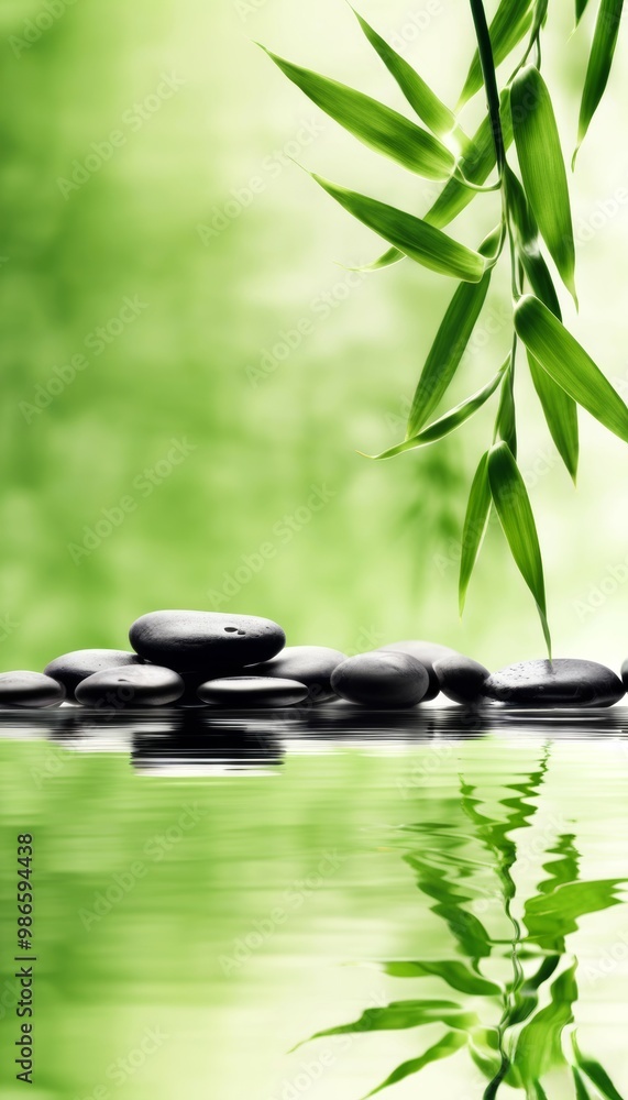 Naklejka premium a green background for relaxation, bamboo stalks in the reflection of water and smooth dark oval-shaped stones. a background for relaxation and relaxation, for the presentation of goods