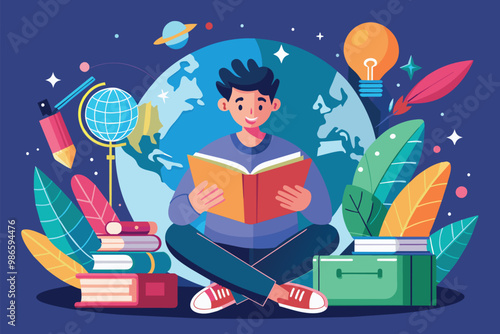 A young man sits cross-legged, immersed in a book, surrounded by educational symbols and vibrant plants, A man is reading a book in a global education setting, illustrated in a flat style.