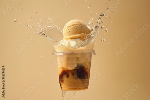 Refreshing coffee frappe with ice cream splash in transparent cup AI