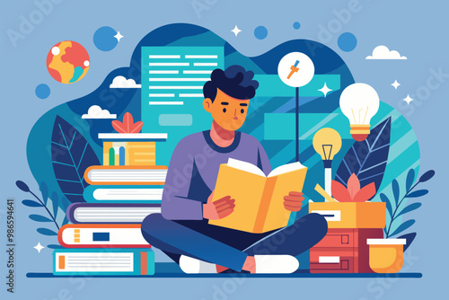 A man sits on the floor surrounded by books, deeply engaged in reading and searching for new insights, A man is reading and searching to learn more, flat illustration.