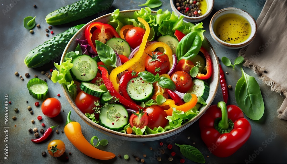 A colorful and appetizing salad bowl that symbolizes a healthy and balanced diet.
A colorful and appetizing salad bowl that symbolizes a healthy and balanced diet.