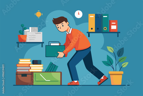 The man is carefully saving files and organizing office materials in a neat workspace, A man is saving files, simple drawing