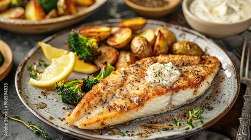 Flaky baked tilapia with roasted broccoli, lemon wedges, roasted potatoes, tartar sauce, and a side of roasted Brussels sprouts