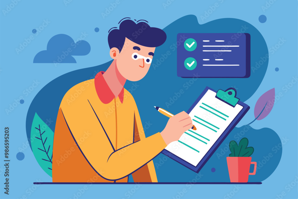 A man focused on writing down rules on a clipboard in a cheerful flat setting with plants nearby, A man is writing rules on a clipboard in a flat illustration. A man focused on writing down rules on a clipboard in a cheerful flat setting with plants nearby, A man is writing rules on a clipboard in a flat illustration.