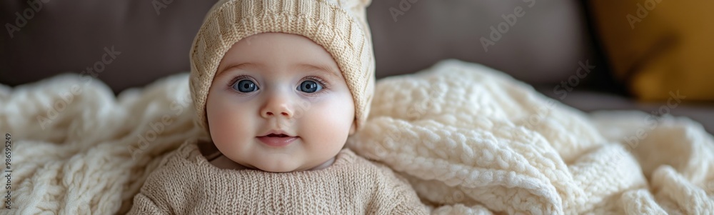 Baby wearing a knitted hat and sweater