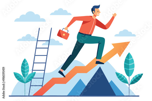 A man energetically runs up a growth chart ladder with a briefcase, striving for success in a peaceful setting, A man runs towards his goal on a chart ladder, illustrating the path to achieving it.
