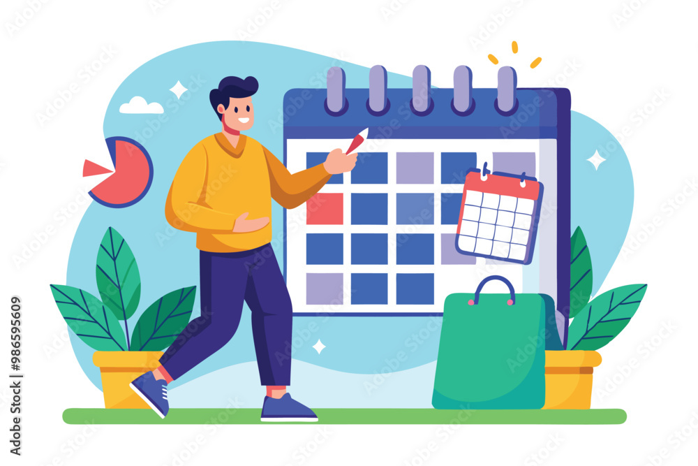 A man happily schedules a reminder on a digital calendar while preparing for an upcoming event, A man schedules a reminder for an event or appointment. A man happily schedules a reminder on a digital calendar while preparing for an upcoming event, A man schedules a reminder for an event or appointment.