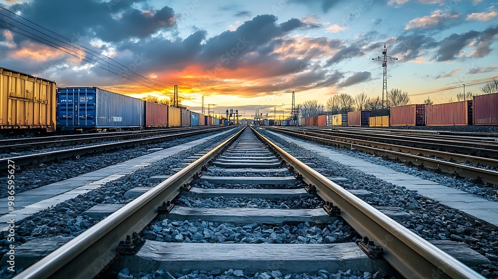 Fototapeta premium Train tracks disappearing into the distance at sunset with cargo containers in the background