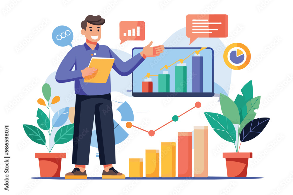 A man is explaining flat growth charts while standing in an office surrounded by plants and visual aids, A man showing flat growth charts with illustrations. A man is explaining flat growth charts while standing in an office surrounded by plants and visual aids, A man showing flat growth charts with illustrations.