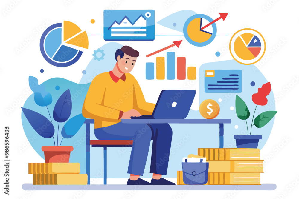 A man is focused on studying financial charts, diagrams, and coins while working at his desk, A man studies charts, diagrams, and coins in a flat illustration. A man is focused on studying financial charts, diagrams, and coins while working at his desk, A man studies charts, diagrams, and coins in a flat illustration.