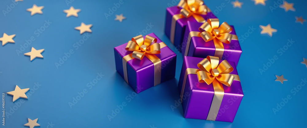 Generative AI illustration of purple gifts with golden bows and ribbons placed on blue background generative AI Generative AI illustration of purple gifts with golden bows and ribbons placed on blue background generative AI