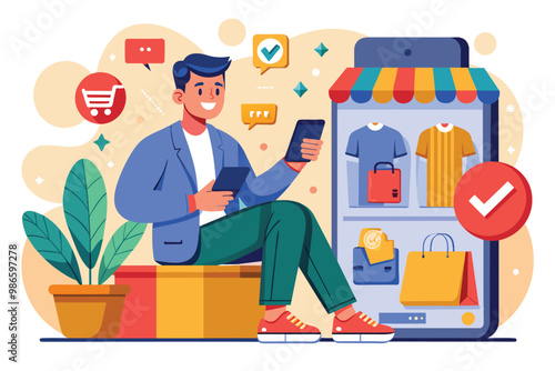A man happily uses his phone to browse and shop online while seated comfortably at home, A man using his phone to shop online.