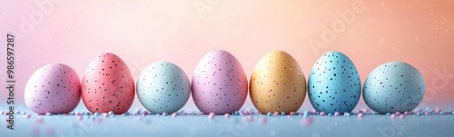 Several colorful easter eggs lined up in a row on a table