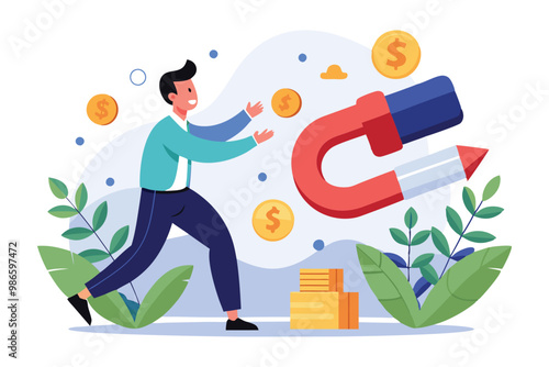 A man playfully uses a big magnet to draw in money while surrounded by plants and cheerful decor, A man with a big magnet attracting money in a flat illustration for investment attraction.
