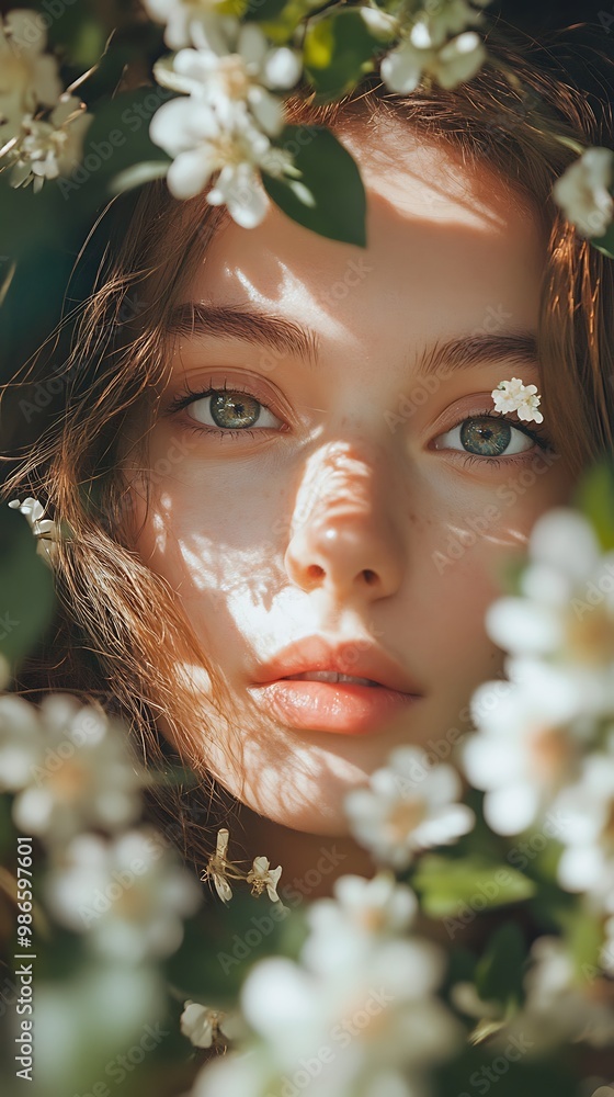 Obraz premium Closeup portrait of a young woman with green eyes peeking through white flowers.