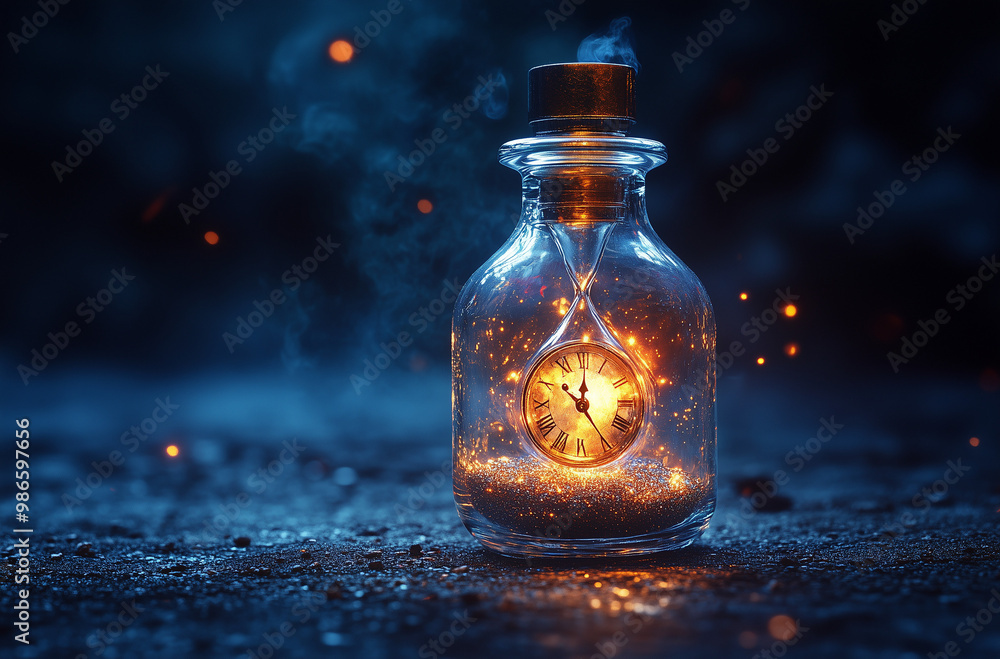 Magical Moments: Glowing Silver Time Potion with Tiny Clock Spirals Magical Moments: Glowing Silver Time Potion with Tiny Clock Spirals