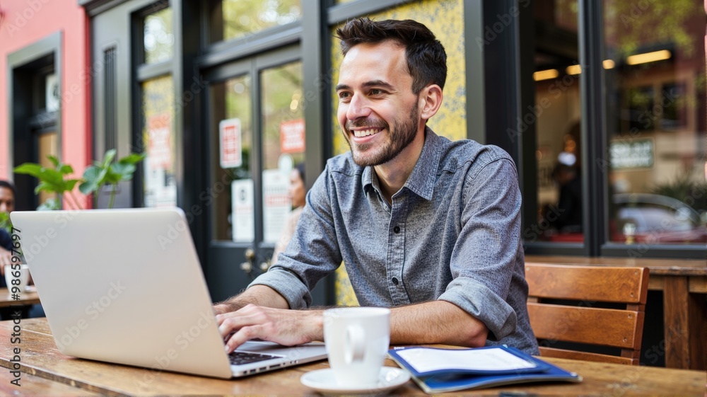 busy professional business man working on business using laptop in cafe smile, smiling busy professional business man working on business using laptop in cafe smile, smiling
