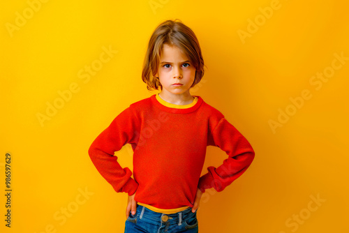 Full body serious kid model in trendy outfit keeping hands on waist and looking at camera against yellow background