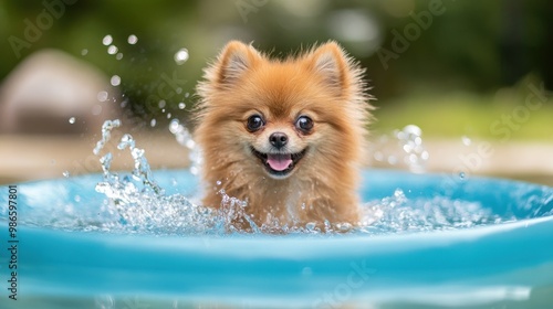 The Pomeranian happily splashes around in a small pool, surrounded by sunlight and greenery, enjoying a playful moment in the backyard on a warm day