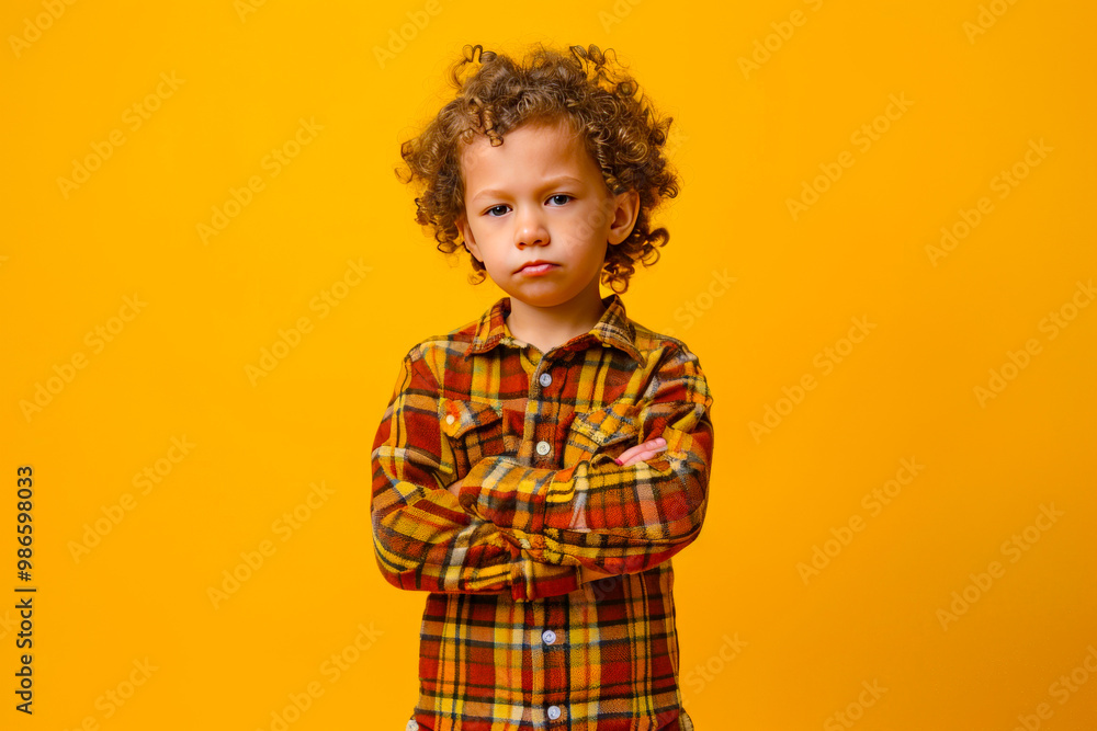 Full body serious kid model in trendy outfit keeping hands on waist and looking at camera against yellow background Full body serious kid model in trendy outfit keeping hands on waist and looking at camera against yellow background