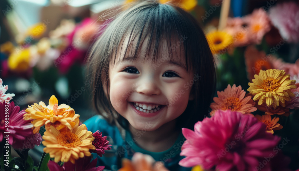 Young asian child smiling in a field of flowers Young asian child smiling in a field of flowers