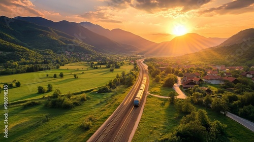 Aerial photo of a freight train passing by an alpine community, lush meadows, mountains, and a springtime cycling route at dusk. Summertime grassland, road, train, and railroad from above. 