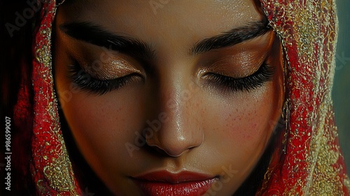 Closeup Portrait of a Woman with Eyes Closed and a Red Veil photo