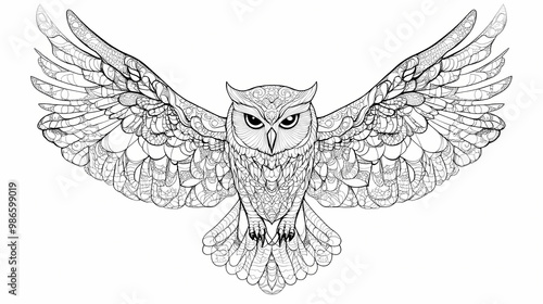 Hand drawn of owl zentangle style on a white background. coloring book for kids and adults.antistress coloring page, print, emblem,logo or tattoo,design, decor, t-shirt. Zentangle. Illustration