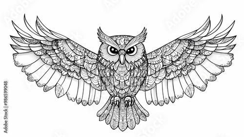 Hand drawn of owl zentangle style on a white background. coloring book for kids and adults.antistress coloring page, print, emblem,logo or tattoo,design, decor, t-shirt. Zentangle. Illustration