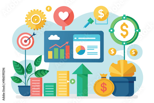 Dynamic financial diversification plan with income icons and growth metrics, A plan for diversifying finances with income symbols, profit accounting, and a simple illustration.