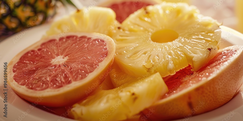 Close-up view of citrus and tropical fruit on a white dish Close-up view of citrus and tropical fruit on a white dish