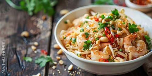 Stir-Fried Rice Noodles with Shrimp and Peanuts Served in a White Bowl on a Wooden Surface