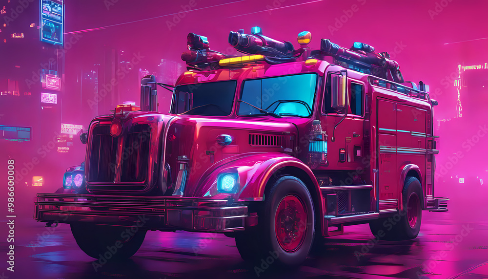 Red fire truck in action with firefighters responding to an emergency, using ladders and equipment to put out a fire Red fire truck in action with firefighters responding to an emergency, using ladders and equipment to put out a fire