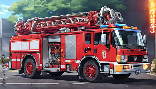 Red fire truck in action with firefighters responding to an emergency, using ladders and equipment to put out a fire