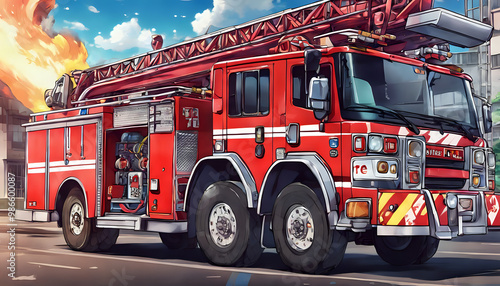Red fire truck in action with firefighters responding to an emergency, using ladders and equipment to put out a fire