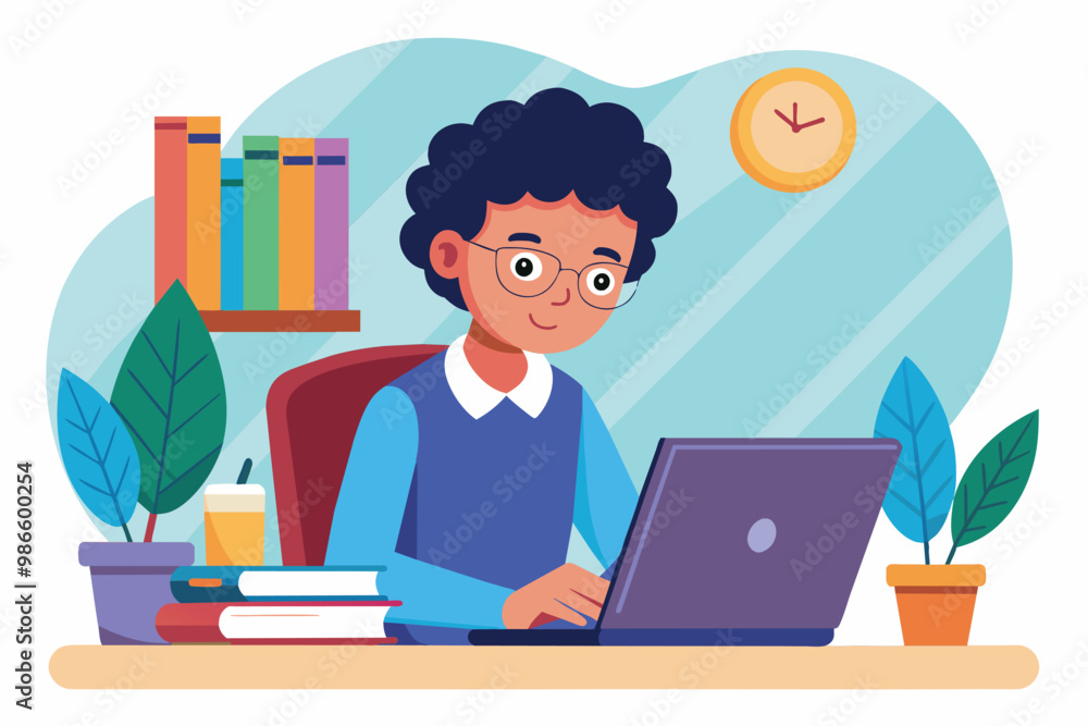 A dedicated student is actively typing on a laptop while seated at a desk surrounded by books and plants, A student is using a laptop to work on an assignment. A dedicated student is actively typing on a laptop while seated at a desk surrounded by books and plants, A student is using a laptop to work on an assignment.