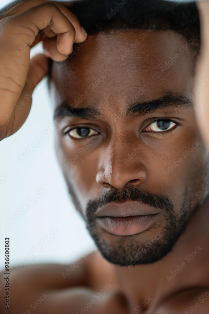 Fototapeta premium Contemplative, thoughtful man looking into distance, close-up, serious expression, thinking concept