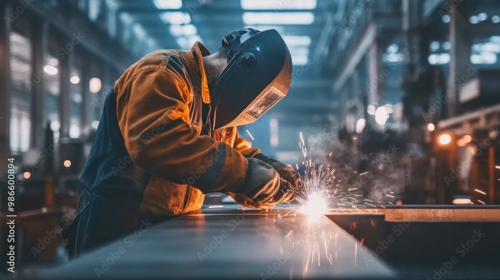 A welder works on a metal beam in a factory setting. A welder works on a metal beam in a factory setting.