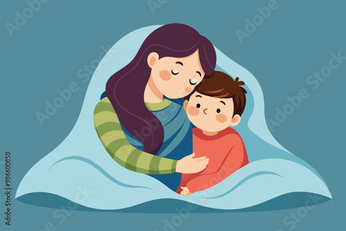 A loving mother shares a tender moment with her child while cuddling together under a soft blanket, A sweet picture of a mom and child cuddling under a blanket, simple drawing