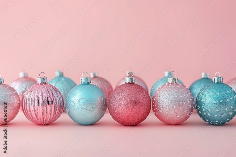 A vibrant array of Christmas ornaments in various colors are neatly aligned in a row on a pastel pink background, making for a festive image. A vibrant array of Christmas ornaments in various colors are neatly aligned in a row on a pastel pink background, making for a festive image.