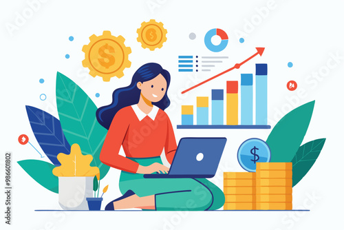 The woman is focused on analyzing growth data and calculating financial trends from her home workspace, A woman earns money by analyzing growth data using flat illustrations.