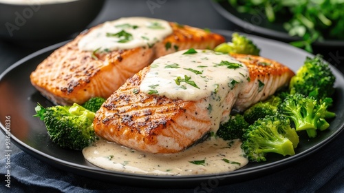 This dish features succulent salmon fillet drizzled with a rich creamy velout? sauce, accompanied by tender broccoli, elegantly presented on a sleek black plate